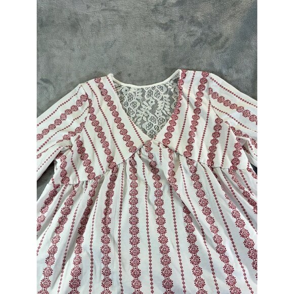 Baby doll Blouse Women's Large Red and White V-Neck Top with Lace upper Back - Picture 6 of 8
